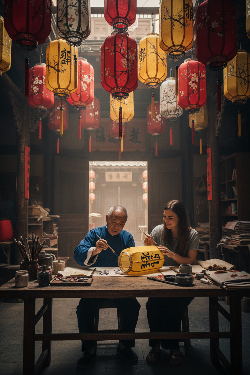 传统绢丝灯笼彩绘与满室暖光工坊